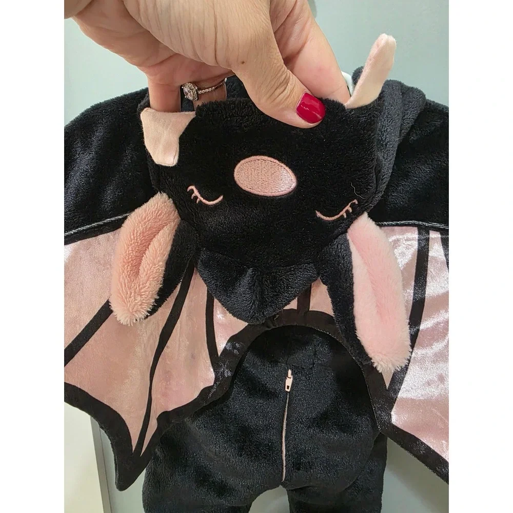 Baby Bat Halloween Costume Plush Footed Onesie Black Pink 0-3 Months